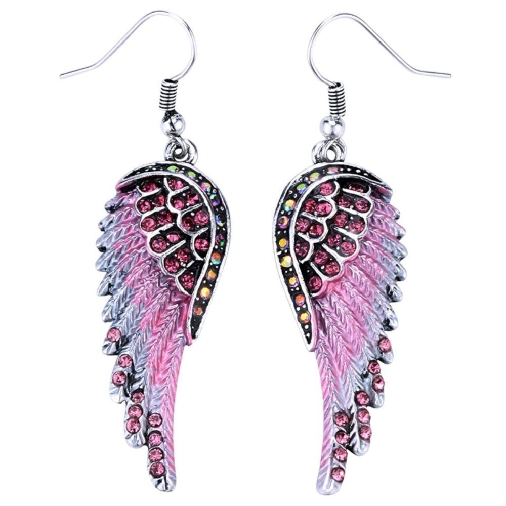 Silver with Pink Sapphire and AB Crystal Angel Wing Dangle Drop Hook Earrings